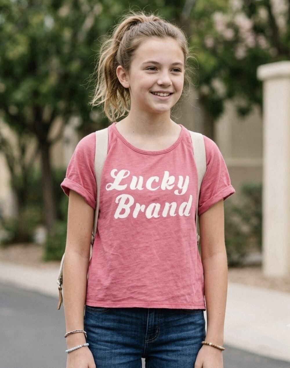 Lucky Brand Girls T-Shirt Size XL Pink Spellout Logo Graphic Tee Short Sleeve